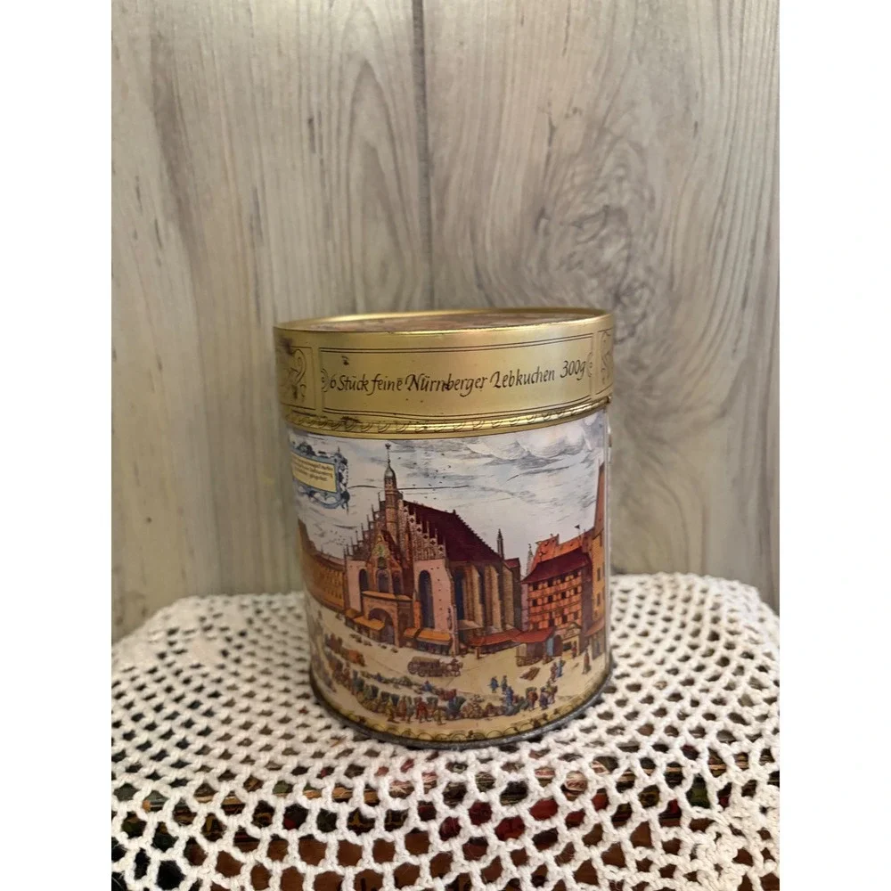 Vintage E Otto Schmidt Nurnberger Lebkuchen Tin West Germany Gold Canister